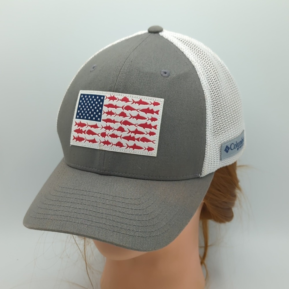 Columbia PFG Fish USA Flag Fitted Flexfit Mesh Back Cap Hat One Size Gray